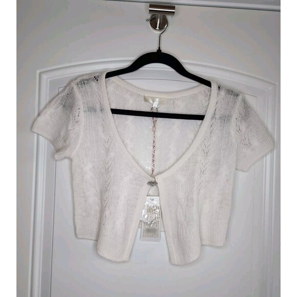 NWT LoveshackFancy Elba Crop Lightweight Cashmere Cardigan Shrug Ivory Sz Large - Picture 4 of 10